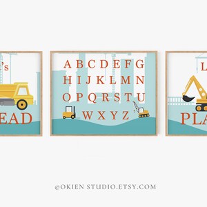 Set of 3 Construction Vehicle Prints, Car wall art for kids Let&#39;s Read, Excavator art, Construction truck, Truck Wall Art, Dump Truck Decor