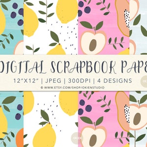 Digital, Scrapbook Papier, Muster Papier zum ausdrucken, fruchtiges Scrapbook Papier, Scrapbook papierdruck, fruchtiges Papier, Sommer Obst muster, Zitrone