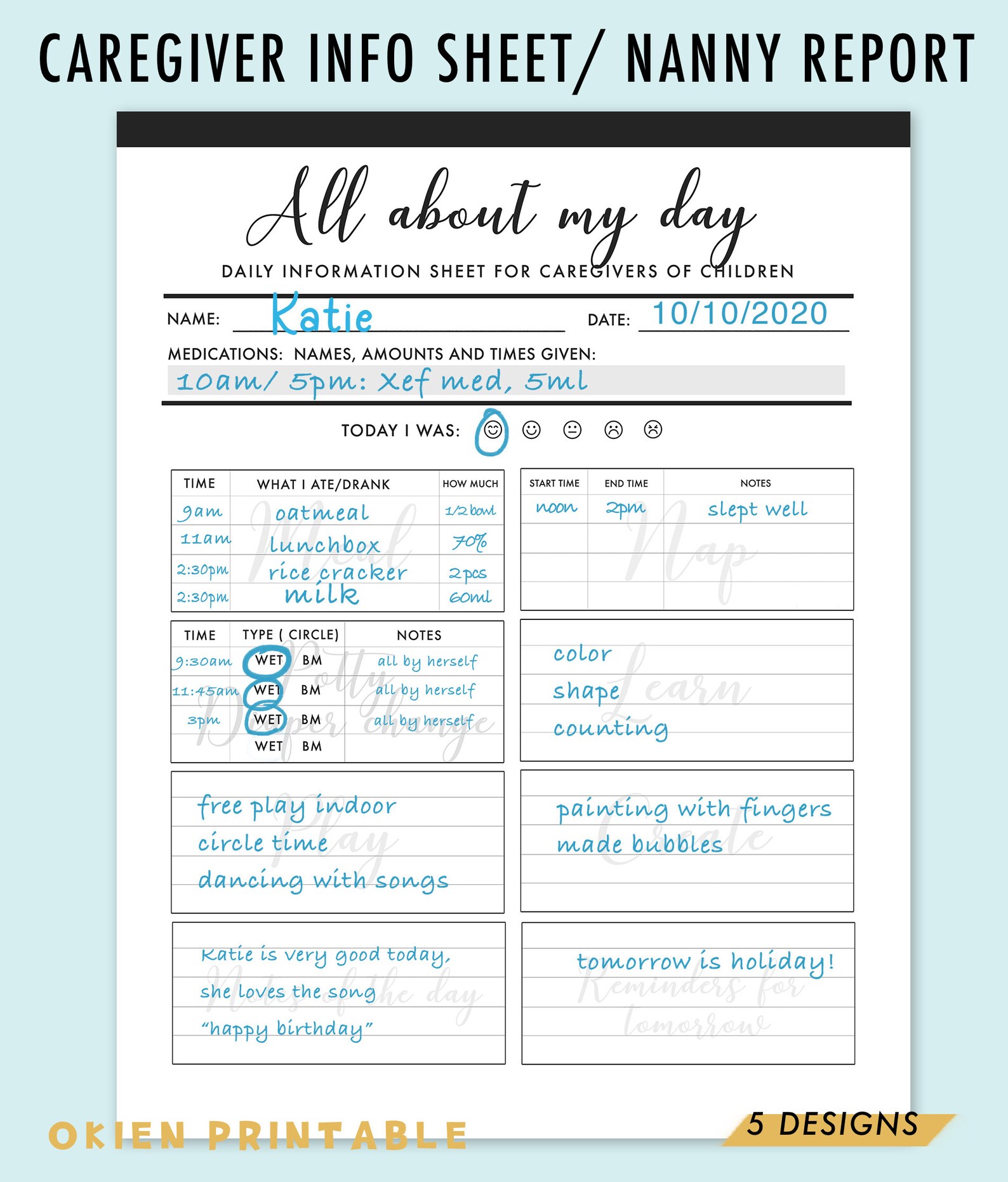 Printable Nanny Log 5 Designs Daily Infant Care Sheet - Etsy