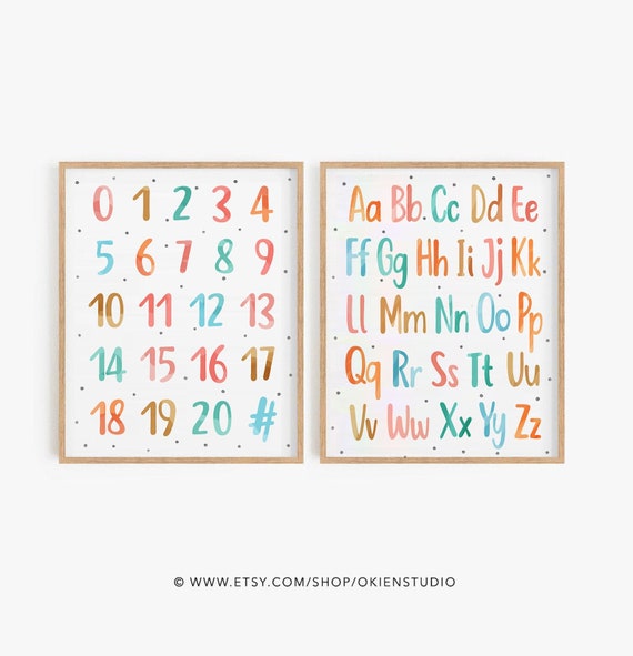 Affiche de l'alphabet, tableau des nombres 1-20, imprimable Montessori, art  mural numérique, décor de chambre d'enfant, art de la crèche pour enfants,  nombre et lettres, affiche abc - Etsy France