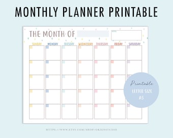 Printable Monthly planner temp, Monthly Calendar, Pastel calendar, undated monthly planner, Printable calendar, soft color, digital planner