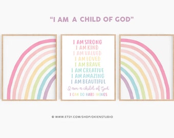 Child of God Sign Set of 3, I am a child of God rainbow wall art, Bible Verse Print, Christian Scripture, pastel rainbow Nursery bible art