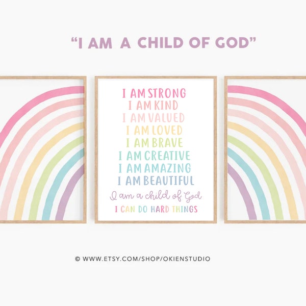 Enfant de Dieu Signe Ensemble de 3, Je suis un enfant de Dieu art mural arc-en-ciel, Bible Verse Print, Écriture chrétienne, arc-en-ciel pastel Art biblique de la crèche