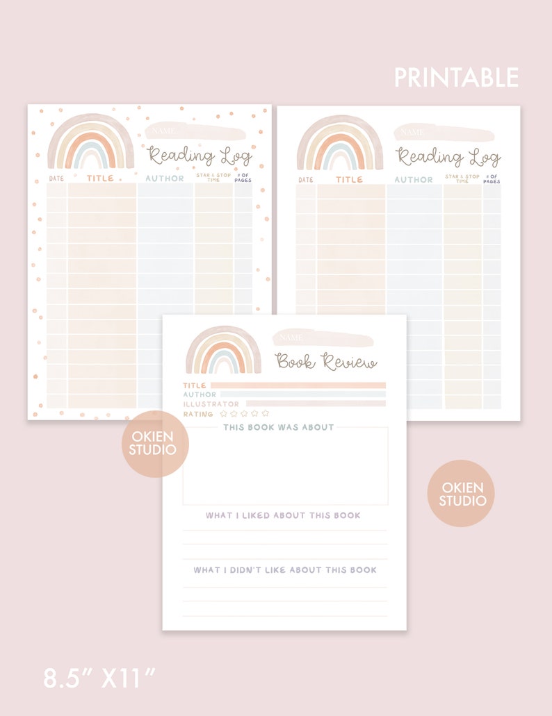 May include: Printable reading log and book review template with a rainbow design. The template includes sections for date, title, author, start and stop time, number of pages, a rating system, and space to write about the book. The template is 8.5 inches by 11 inches.