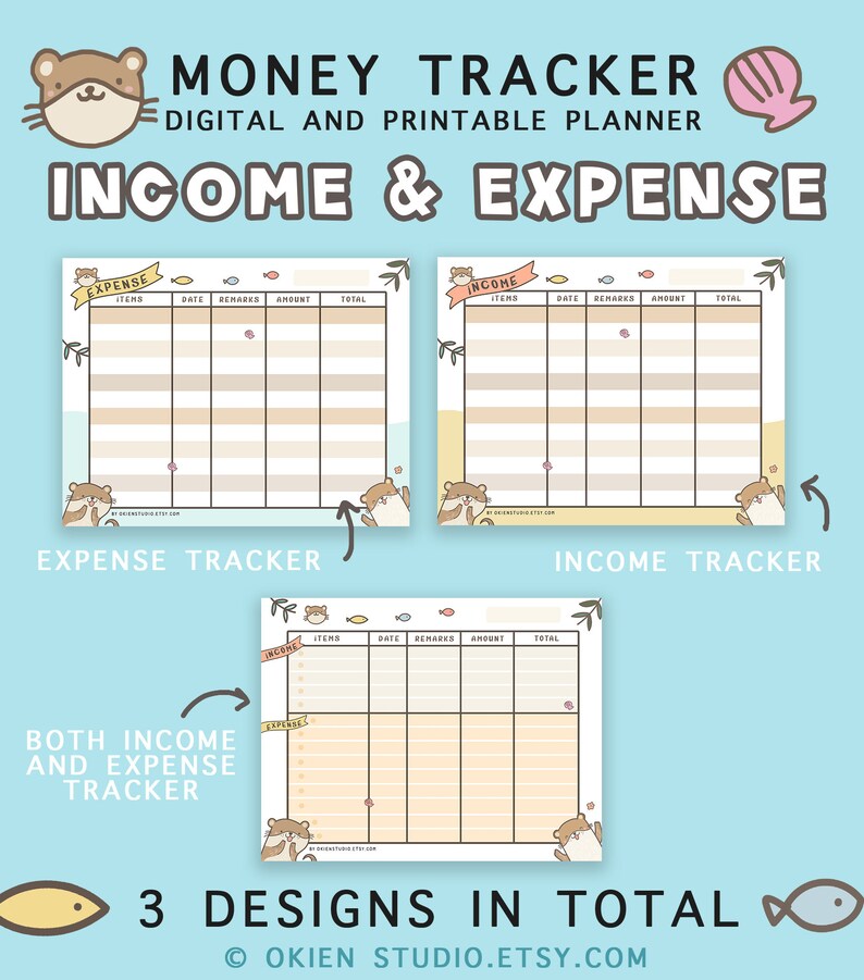 K&ouml;nnte beinhalten: Drei druckbare Budget-Tracker-Designs mit einer niedlichen Otter-Illustration. Die Designs beinhalten einen separaten Einnahmen-Tracker, einen Ausgaben-Tracker und einen kombinierten Einnahmen- und Ausgaben-Tracker.