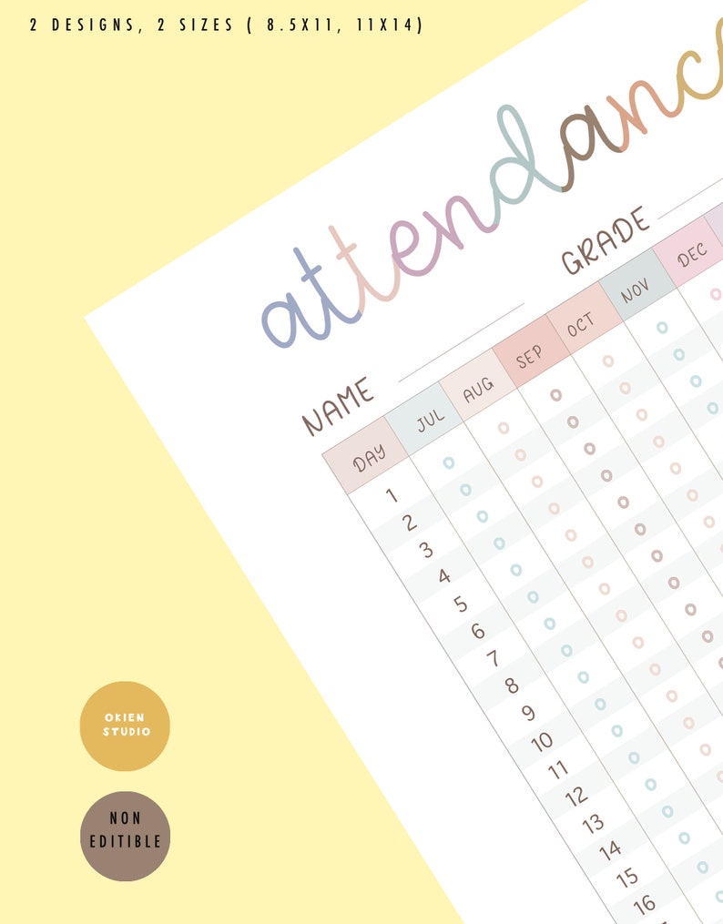 Printable Yearly Attendance Sheet Attendance Log Rainbow Etsy