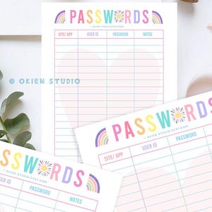 May include: Printable password log with a rainbow and sun design. The log has columns for site/app, user ID, password, and notes.