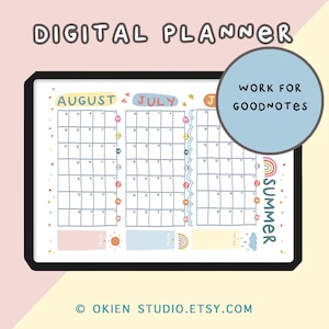 Puede incluir: Un planificador digital para julio y agosto con un tema de verano. El planificador est&aacute; dise&ntilde;ado para Goodnotes y presenta un arco&iacute;ris, un sol y nubes. El planificador tiene un borde negro y est&aacute; sobre un fondo amarillo.