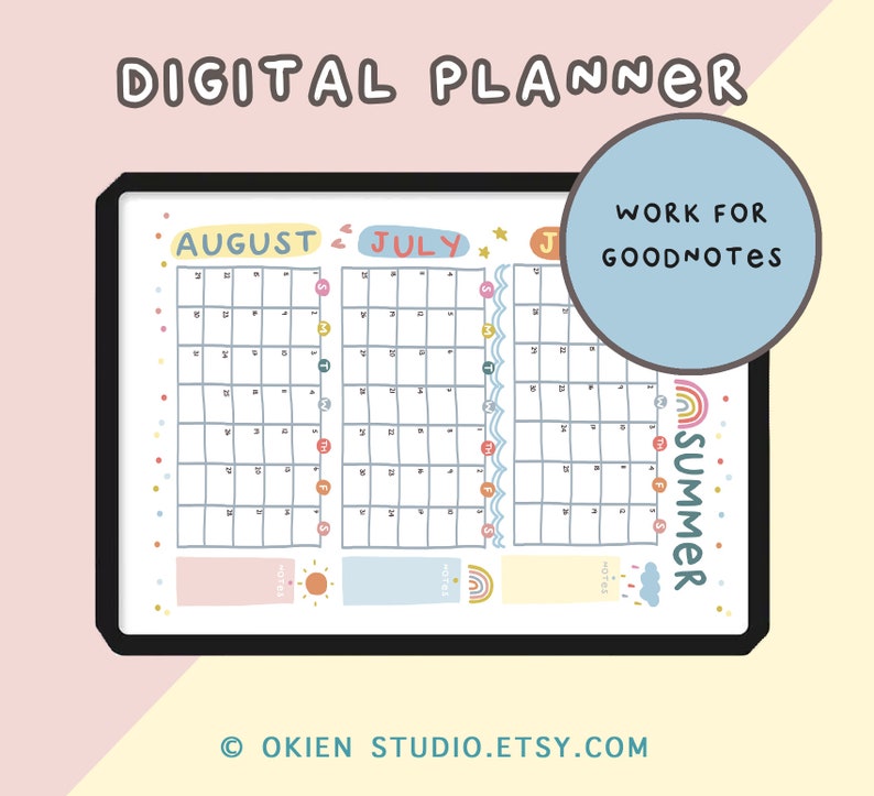 Puede incluir: Un planificador digital para julio y agosto con un tema de verano. El planificador est&aacute; dise&ntilde;ado para Goodnotes y presenta un arco&iacute;ris, un sol y nubes. El planificador tiene un borde negro y est&aacute; sobre un fondo amarillo.