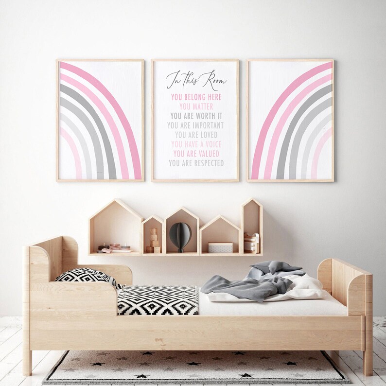 Pink Grey Nursery Decor Rainbow Nursery Art Positive Etsy
