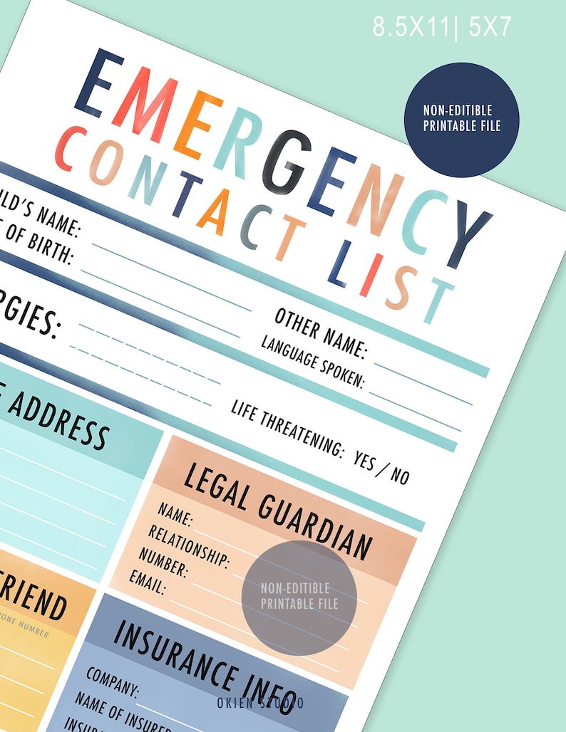 Printable Emergency Contact List Emergency Contact Info Etsy