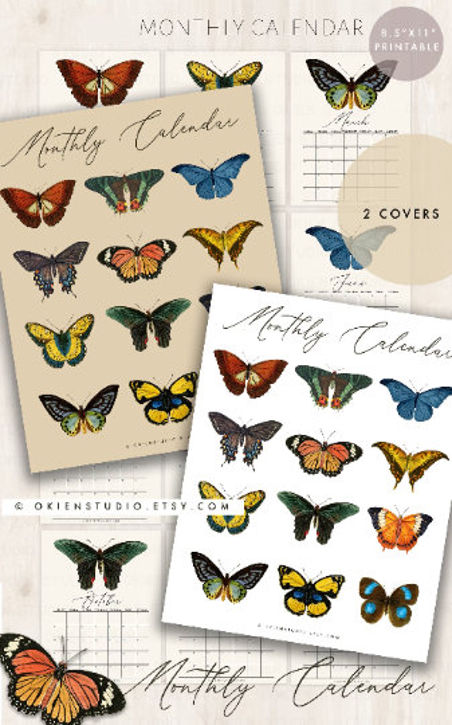 Butterfly Calendar Printable: Vintage Undated Monthly Planner (digital ...