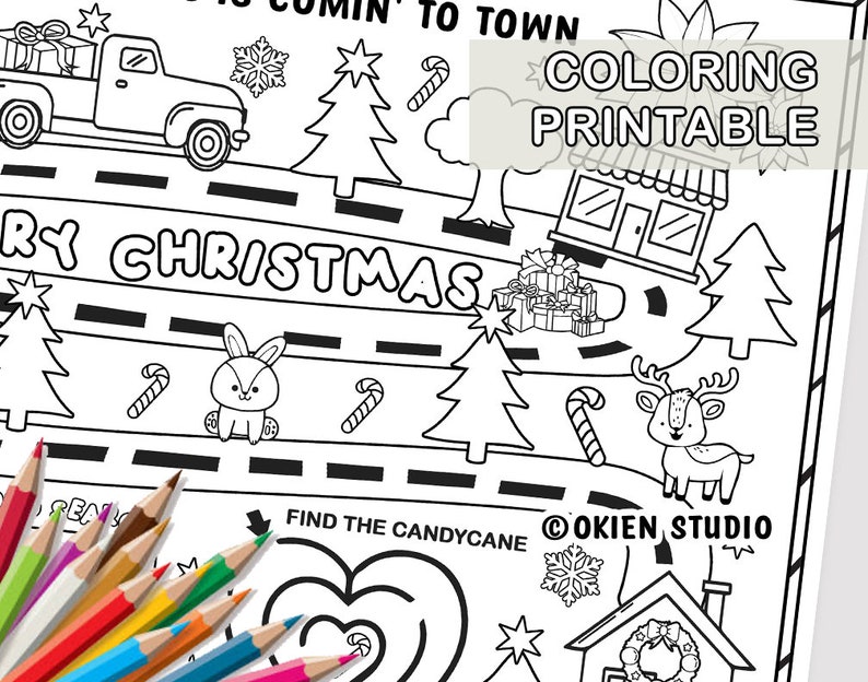 May include: Black and white coloring page featuring a Christmas scene with a truck, a house, a deer, a rabbit, candy canes, and a Christmas tree. The text "Merry Christmas" is written on the road. The text "Find the candy cane" is written at the bottom of the page. The text "Coloring Printable" is written at the top of the page.