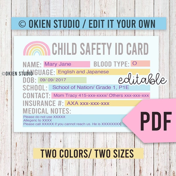 Editable Child Safety ID Card: Boho Rainbow Design (PDF)