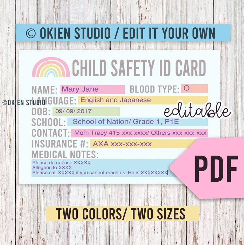 K&ouml;nnte beinhalten: Eine rosa und blaue, druckbare Kinderschutz-ID-Karte mit einer Regenbogengrafik. Die Karte enth&auml;lt Felder f&uuml;r Name, Blutgruppe, Sprache, Geburtsdatum, Schule, Kontaktinformationen, Versicherungsnummer und medizinische Notizen. Der Text "bearbeitbar" und "PDF" ist ebenfalls auf der Karte enthalten.