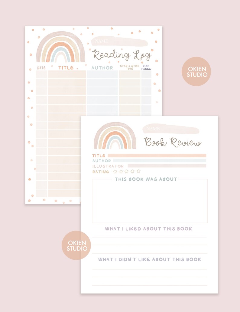 May include: Printable reading log and book review templates featuring a rainbow design. The reading log includes sections for date, title, author, start and stop time, and number of pages. The book review includes sections for title, author, illustrator, rating, what the book was about, what the reader liked about the book, and what the reader didn't like about the book.