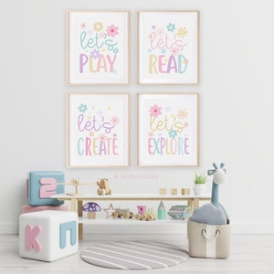 Pastel Rainbow Playroom Art Prints: Let's Play, Read, Create, Explore ...