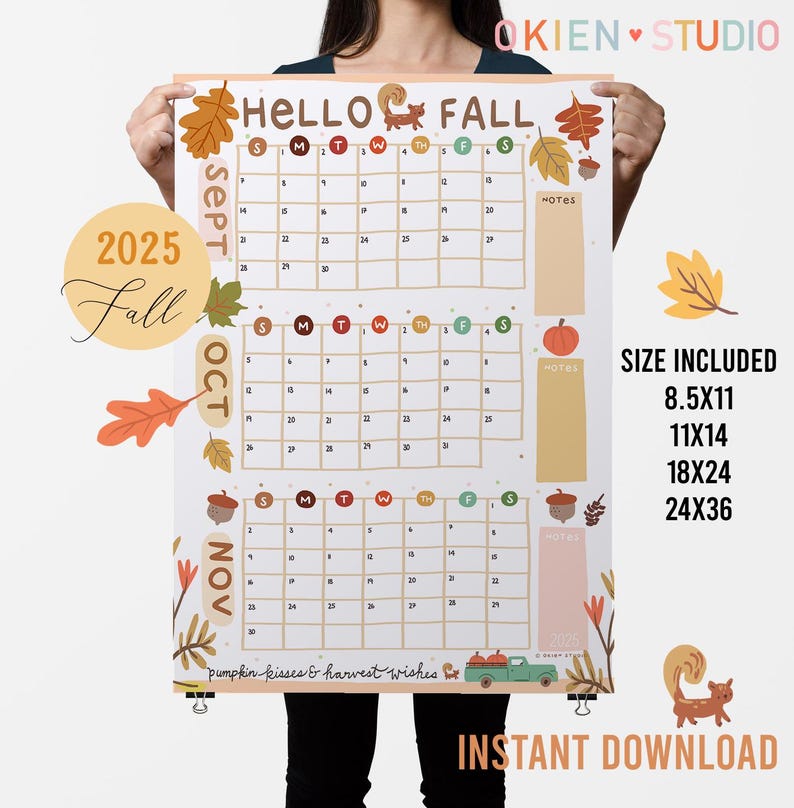 Calendario de otoño: Planificador mensual de septiembre a noviembre de 2025 (descarga digital) imagen 1