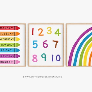 Rainbow Educational Posters Set For Playroom, Homeschool Print, Back to School, Preschool wall poster, Rainbow Days of the Week Poster art