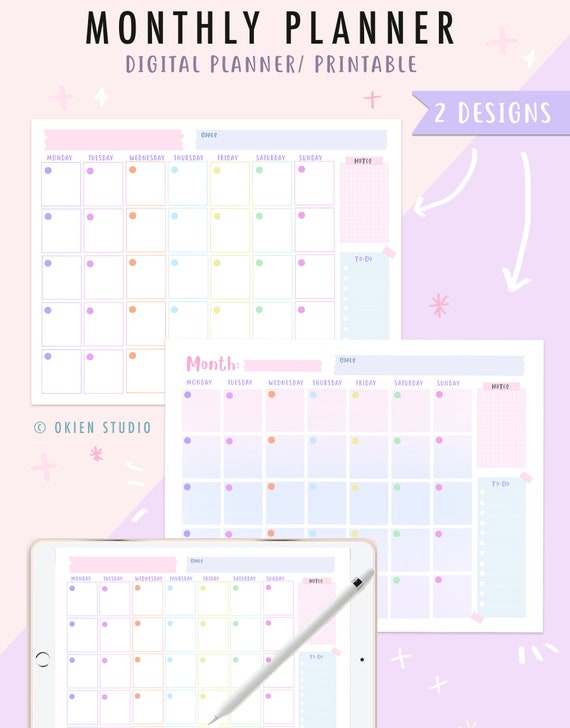 Monthly Planner, Printable & Goodnotes, Unicorn Color Calendar, Kawaii,  Cute, Digital Planner, Undated Monthly Planner, All Purpose Planner - Etsy