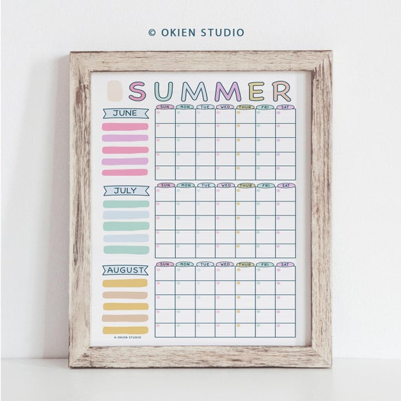 Pastel Summer Poster, Monthly calendar, 2025 Planner, Summer holidays, Summer schedule, Summer calendar for kids, Summer calendar poster art