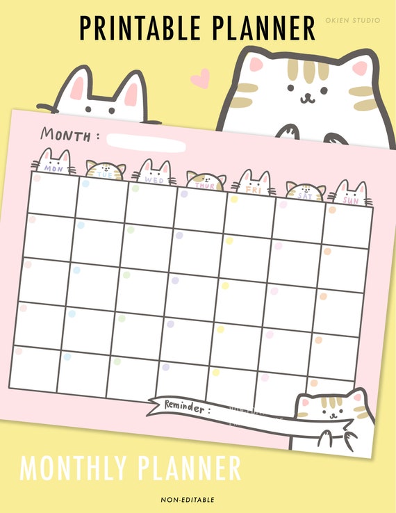 Cat Monthly Planner Cat Weekly Planner Digital planner | Etsy