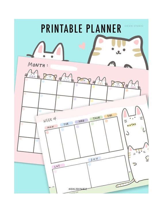 Cat Monthly Planner, Cat Weekly Planner, Digital Planner, Illustrated  Calendar, Cat Planner, Bunny Planner, Cute Planner Printable, Cute Cat 