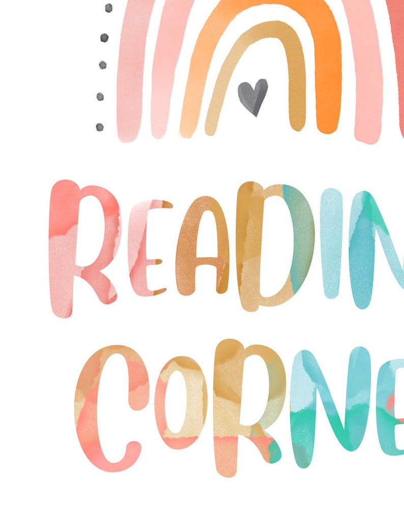 Printable pink boho reading corner sign rainbow reading etsy