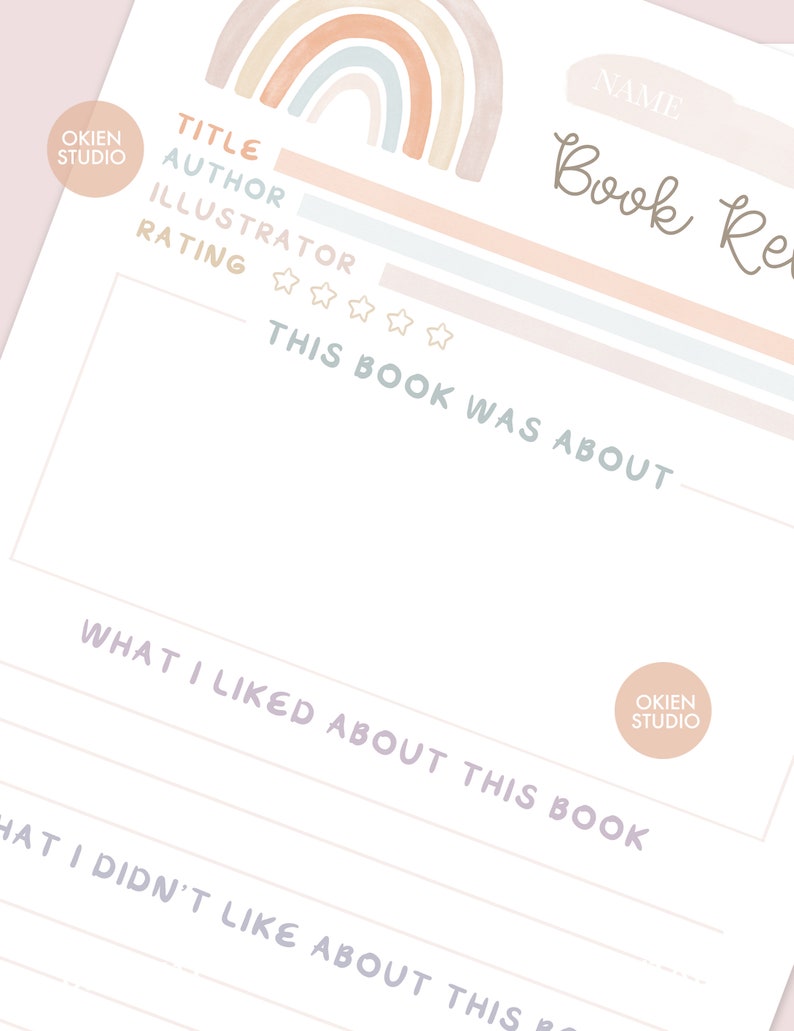May include: A printable book review template with a rainbow design. The template includes sections for the book title, author, illustrator, rating, what the reader liked about the book, and what the reader didn't like about the book.