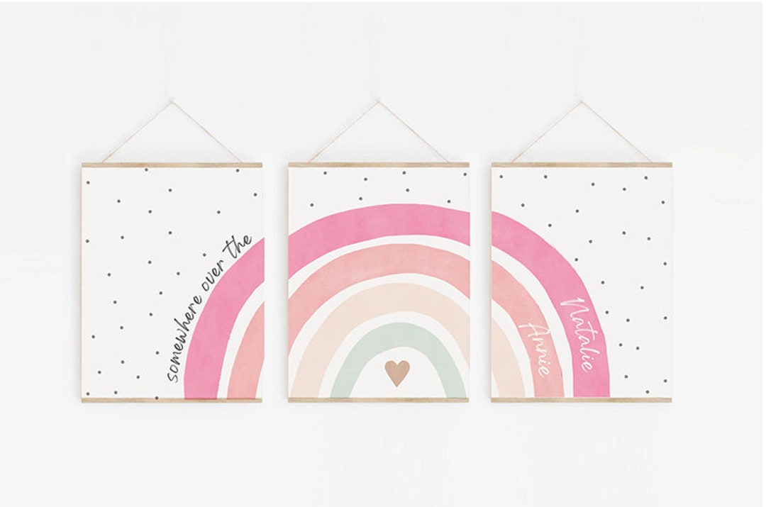 Rainbow Art Print Set of 3, Pink Boho Watercolor Nursery Wall Decor ...