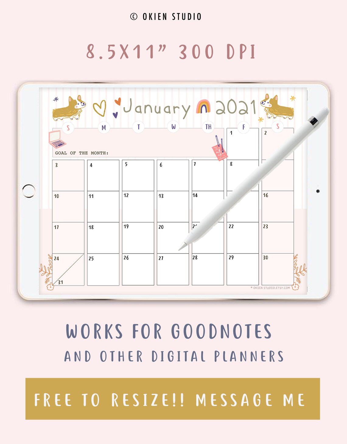January Calendar corgi calendar Corgi printable GoodNotes | Etsy