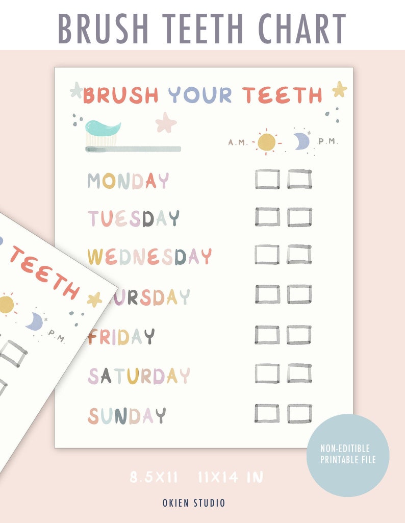 May include: A printable chart for kids to track their teeth brushing routine. The chart features a colorful design with a toothbrush, stars, and a sun and moon. It includes the days of the week and checkboxes for morning and evening brushing.