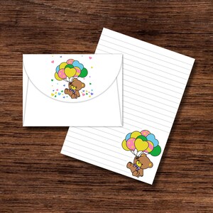 Set di cancelleria digitale Kawaii - Articoli di cancelleria con buste abbinate da stampare e assemblare - Design vintage: simpatico orsetto