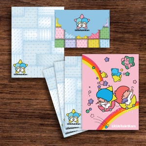 Kit Digital, Papel de Carta con Sobre, Diseño Kawaii de Gemelos y Parches, para Imprimir y Armar, Papelería Vintage