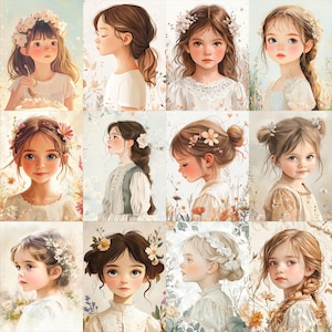 12 Illustrationen von Mädchen in Nahaufnahme und Übersichtsplan, digitales Design, zum Drucken oder Sublimieren, Kunst und Handwerk, PNG PDF
