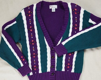 Floral Cardigan 70s/ Purple Cable Knit Cardigan/ 70s Cotton Cardigan/ Dark Green Striped Long Cardigan/ Floral Knit Sweater/Herringbone/ s-l