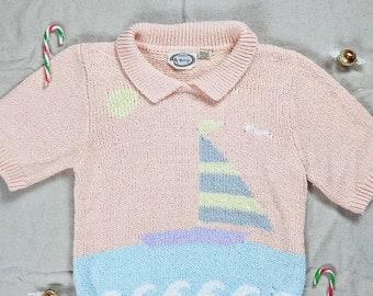 80s Pastel Short Sleeve Sweater/ Sail Boat Mod Sweater/ Novelty Pale Colours Collar Knit/ Light Pink Blush Sunny Marine Scene Sweater/ Small