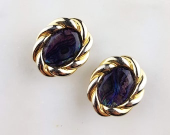 80s Mother of Pearl Earrings/ Purple Clip-on Earrings 1980s/ Purple Nacre Earrings with Twisted Golden Trims/ Occasion Earrings/ Retro