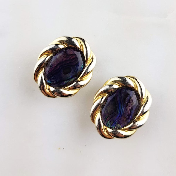 80s Mother of Pearl Earrings/ Purple Clip-on Earrings 1980s/ Purple Nacre Earrings with Twisted Golden Trims/ Occasion Earrings/ Retro