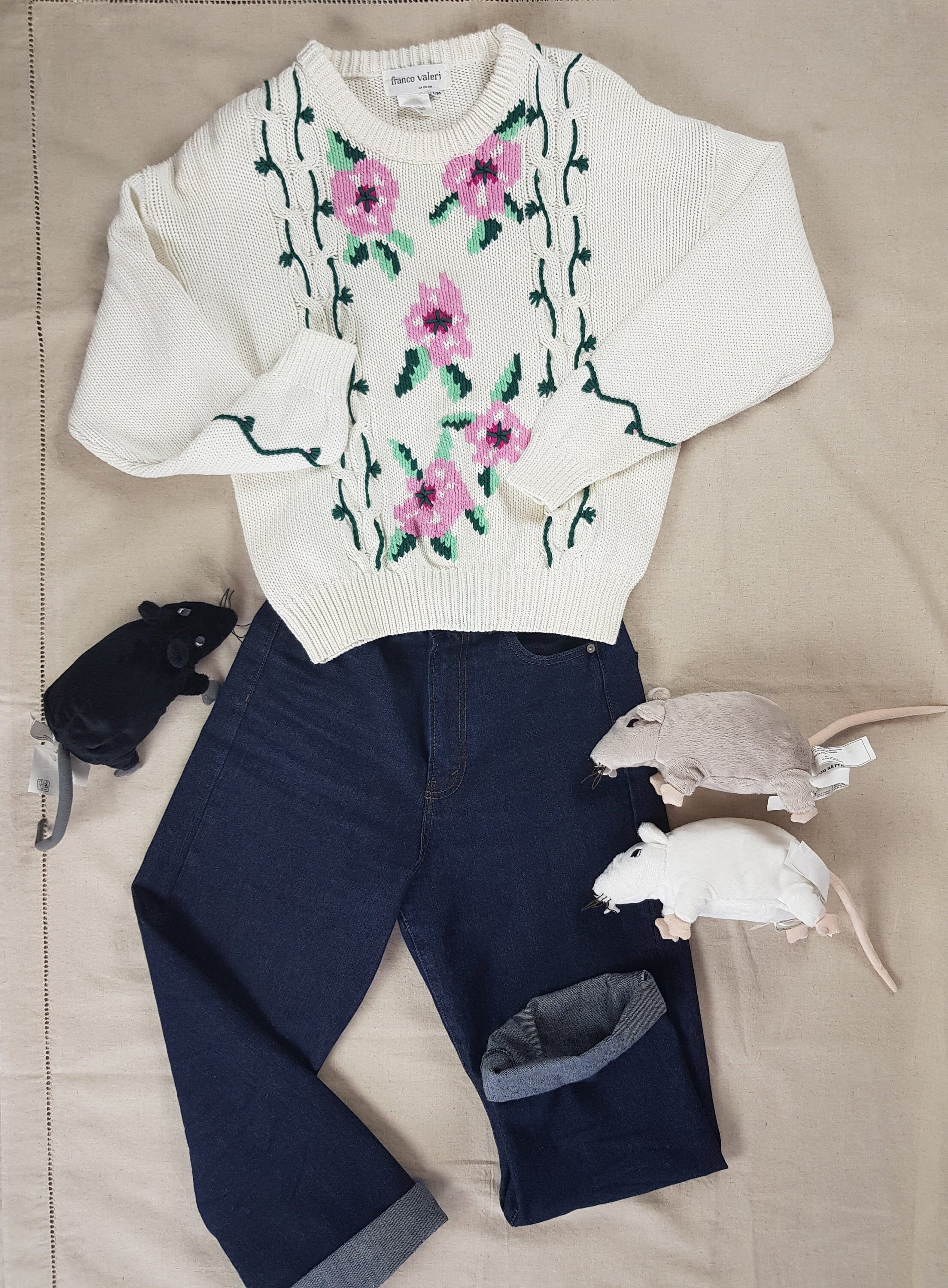 80s Floral Knit Sweater/ White Sweater With Pink & Green