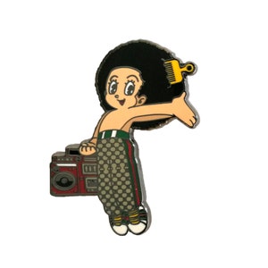 May include: A cartoon character with an afro hairstyle and a boombox. The character is wearing a green and brown patterned pants with red stripes. The character is holding the boombox in their left hand and their right arm is outstretched.