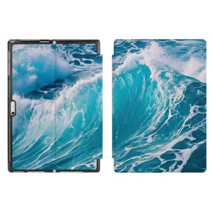 May include: A tablet case with a striking design of a breaking ocean wave. The image displays shades of blue and white, depicting the power of the sea. The case is shown open and closed, displaying the full wave image.