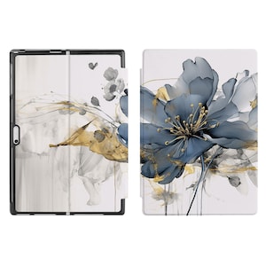 May include: A tablet case with a floral design. The case is white with a blue and gold floral pattern. The case is closed and the tablet is not visible.