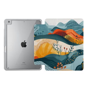 May include: A white iPad case with a colorful abstract design featuring blue, orange, yellow, and brown hues. The design resembles a landscape with hills and plants. The case has a cutout for the iPad's camera and buttons.