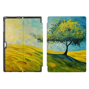 May include: A tablet case featuring a colourful abstract painting of a tree and a field. The case is made from a durable material and has a stylish design.