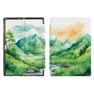 May include: A watercolour illustration of a mountain landscape with a river flowing through it. The mountains are green and blue, and the sky is a light blue with white clouds. The river is a light blue and flows through a green valley. The illustration is on a white background.