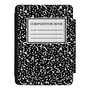 May include: Black and white composition book cover with the text "COMPOSITION BOOK" printed in a white rectangle.