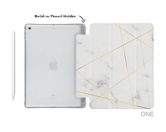 iPad  soft TPU clear back smart cover with build-in apple pencil holder for 2023 Pro 11 Pro 12.9 mini 6 5 air 10.9 iPad 10.9 10.2 9.7 marble