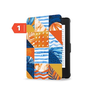 May include: A blue and orange geometric pattern e-reader cover with a black e-reader. The cover has a watercolor effect with blue and white stripes, orange circles, and blue and green palm leaves.