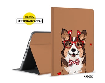 Étui folio pour iPad avec fonction veille/réveil automatique, porte-crayon Apple et support pour iPad 9e génération, 11, 10.9 Pro, 12.9, 10.2, 9.7 Mini et 5 (motif chien).